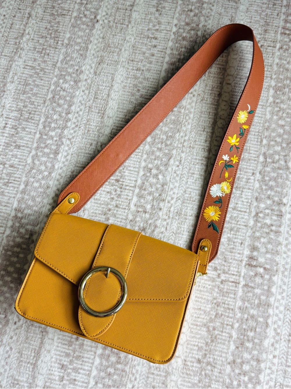 GU Mustard Yellow Crossbody Bag with Floral Embroidered Strap